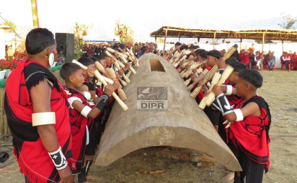 Pungrowong Tribal children performing traditional log drum beating during the celebration of Tsungkamnyo Festival at Pungro Town on January 16. (DIPR Photo)